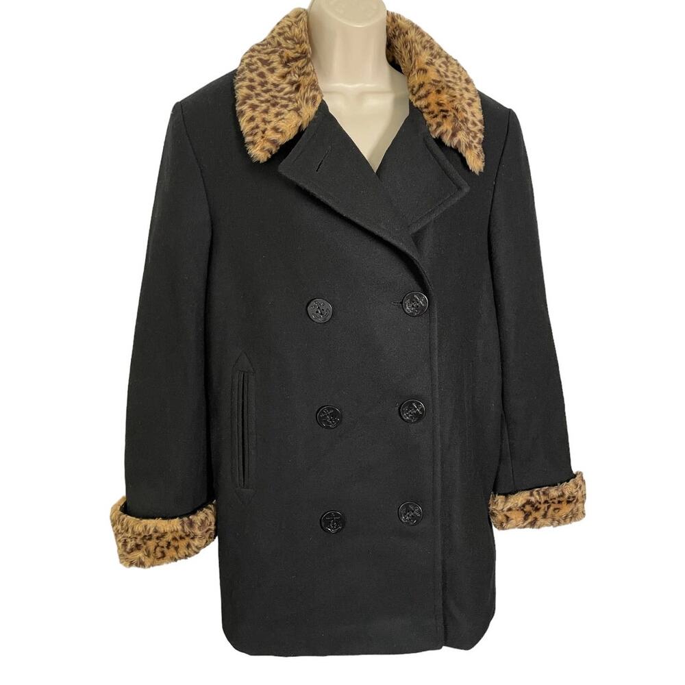 Wool Peacoat, Black with Leopard Trim, Style‎ and warmth! Ladies Large